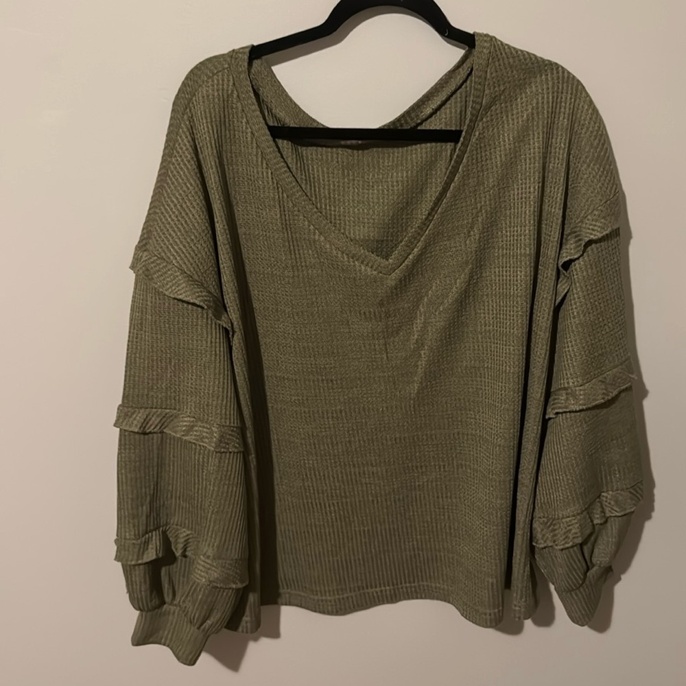 V-neck Waffle Knit Long Sleeve Top
